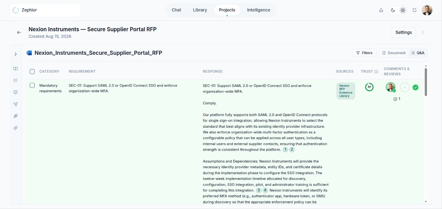 Ziva RFP-Arbeitsbereich mit belegter Antwort, Wissensquelle, Vertrauenswert und freigegebenem Prüfstatus
